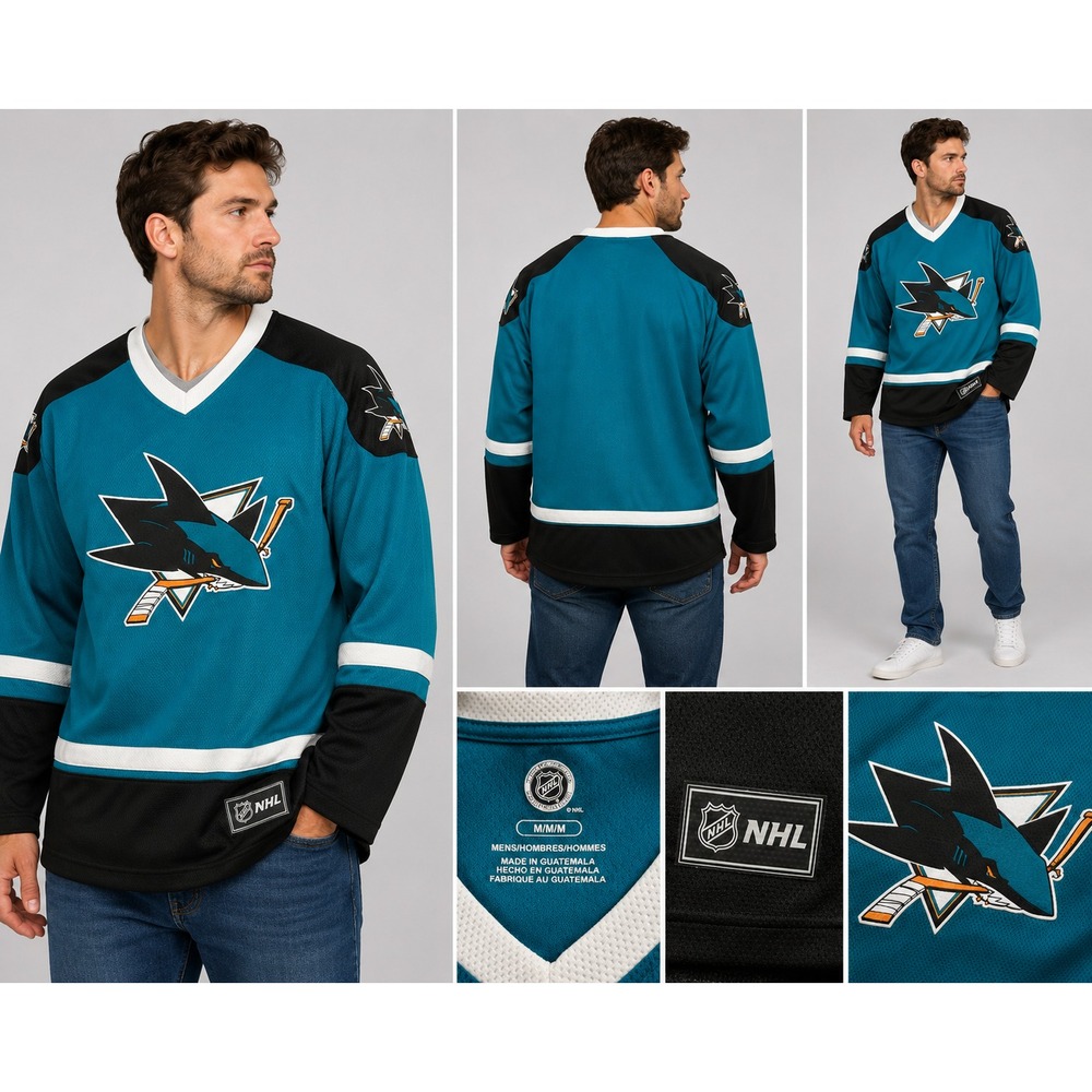 NHL Team Apparel San Jose Sharks Jersey Mens Medium M Teal V Neck Long Sleeve